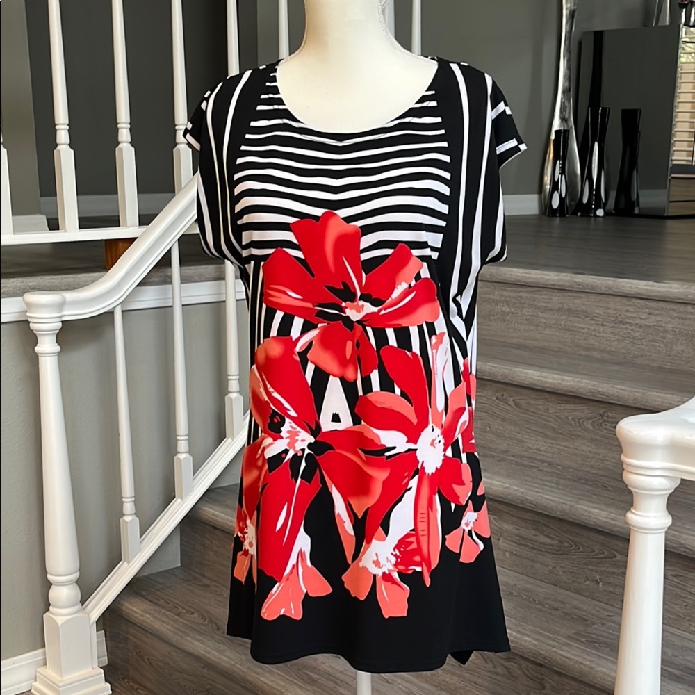 Black and White Tunic with Red Floral Accents